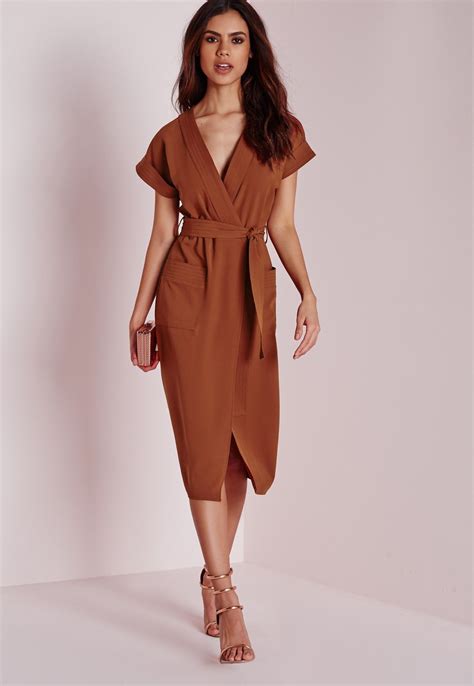 Missguided - Wrap Tie Waist Pocket Midi Dress Rust | Midi dresses uk ...