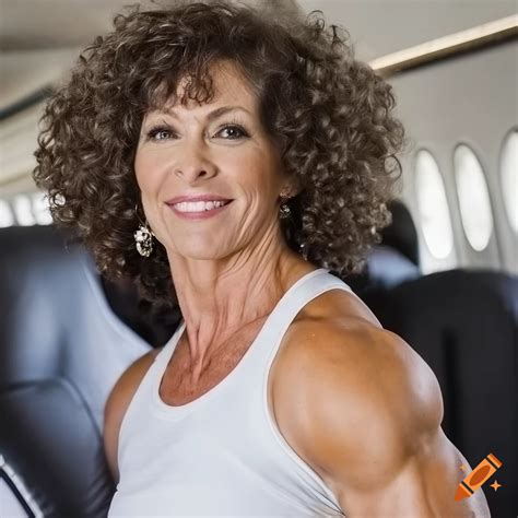 Portrait of muscular 60-year-old female bodybuilder Rachel McLish in a white T-shirt inside a ...