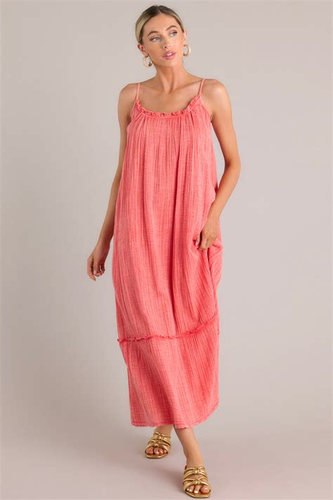 100% Cotton Coral Gauze Maxi Dress - All Dresses | Red Dress