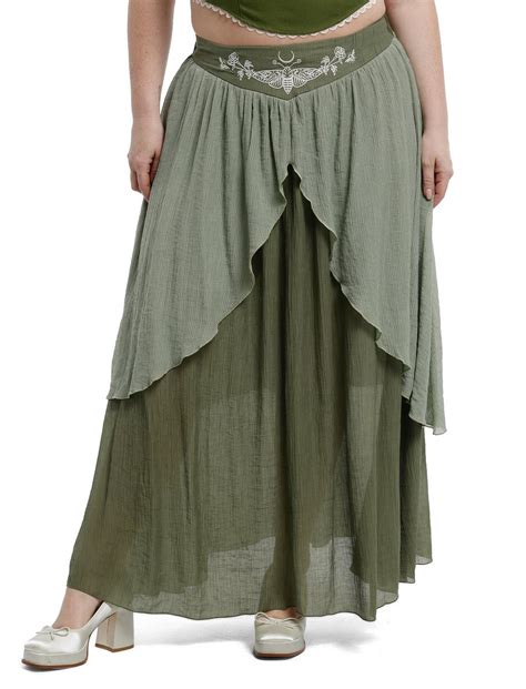 Thorn & Fable Green Moth Layered Midi Skirt Plus Size | Hot Topic