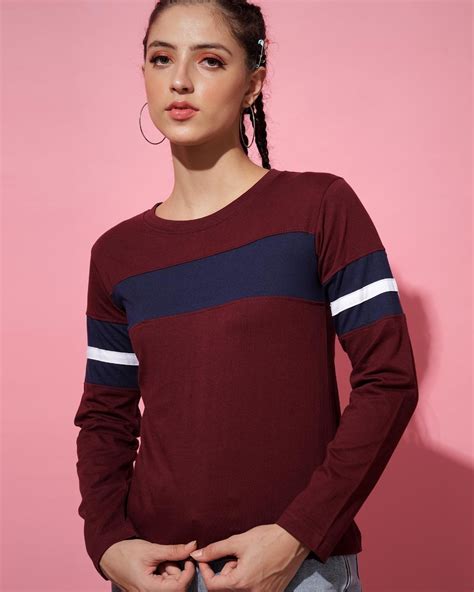 Buy Women's Maroon Color Block T-shirt Online at Bewakoof