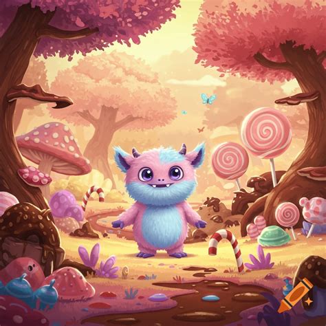 A cute fluffy pink and blue monster stands in a field. on Craiyon