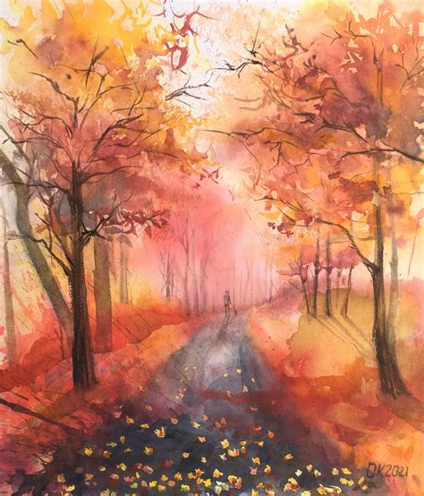 Autumn Landscape Painting ORIGINAL Watercolor, Foggy Autumn Art, Autumn ...