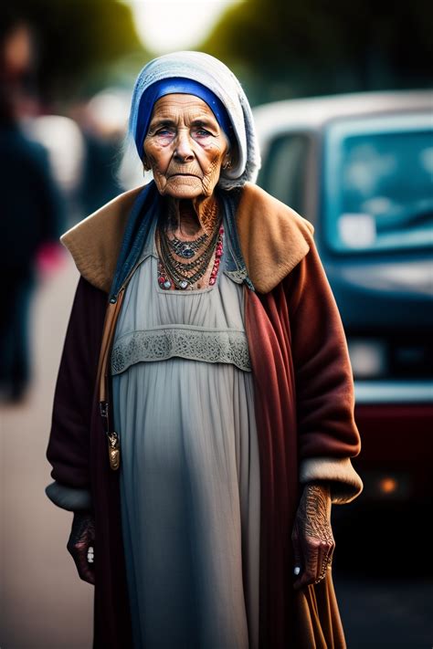 Lexica - Homeless old woman in dirty dresses with tattoos covered face