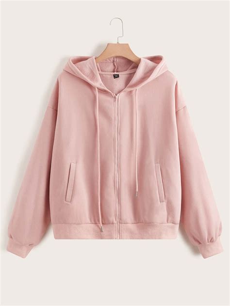 Plus Slant Pocket Zip Up Drawstring Hoodie | Baby Pink