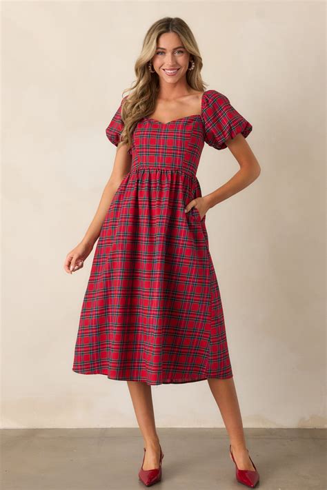 100% Cotton Red Plaid Puff Sleeve Midi Dress - All Dresses | Red Dress
