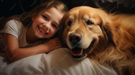 Young girl lying on a bed with a dog and smiling | Premium AI-generated image