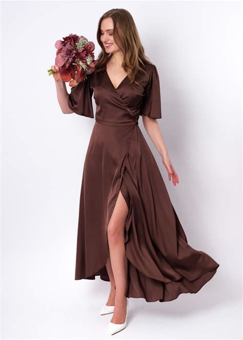 Choсolate brown silk satin long wrap dress, silk dress, wrap dress ...