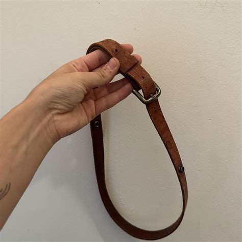 Skinny Brown Belt - some fraying and worn leather... - Depop