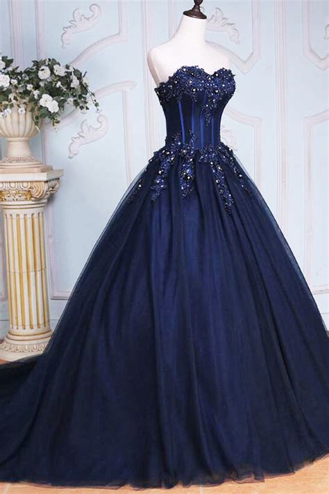 Dark Blue Tulle Lace Princess Dress, Beautiful A-Line Strapless Long P