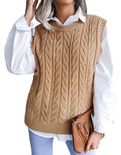 Women Sweater Vests Crew Neck Sleeveless Sweaters Cable Knit Sweaters ...