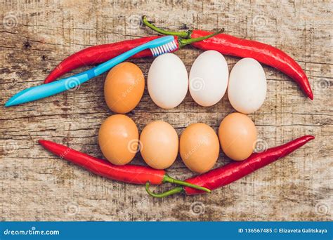 Eggs and Red Pepper in the Form of a Mouth with Teeth. White Eggs are ...