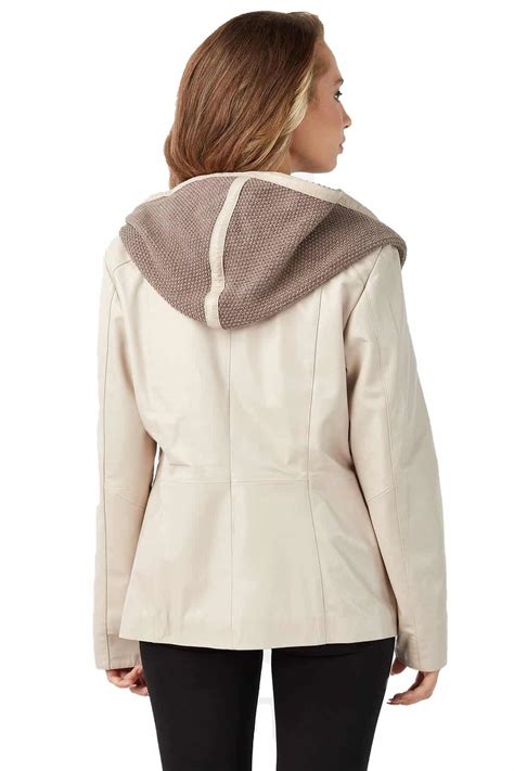 Nalan Women's 100 % Real Beige Leather Tweed Hooded Coat
