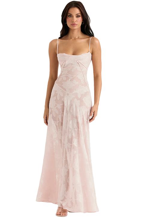 HOUSE OF CB Seren Blush Sheer Lace-Up Back Gown | Nordstrom | Floral ...