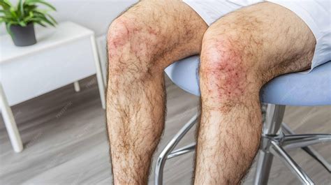 Man showing red rash on knees sitting on examination chair in medical office | Premium AI ... - sore behind the knee