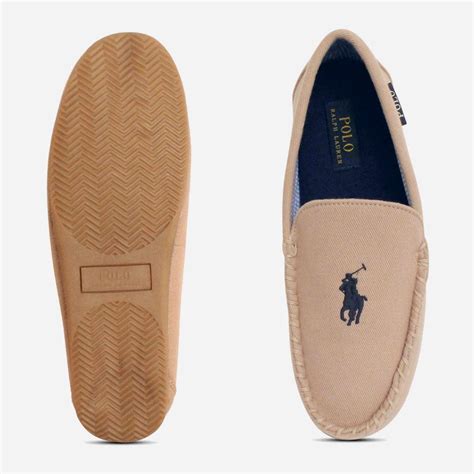 Ralph Lauren Designer Mens Beige Slippers Navy Polo