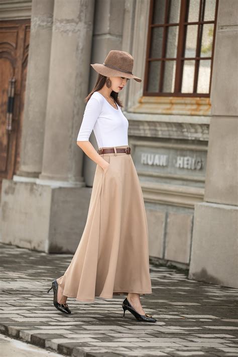 A-line Khaki Work Maxi Skirt, Long Skirt, A Line Swing Skirt With ...