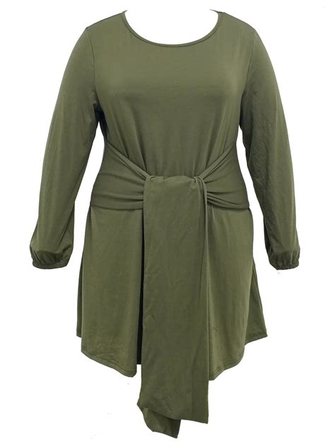 Plus Size Casual Dress, Women's Plus Solid Knot Front Long Sleeve Round ...