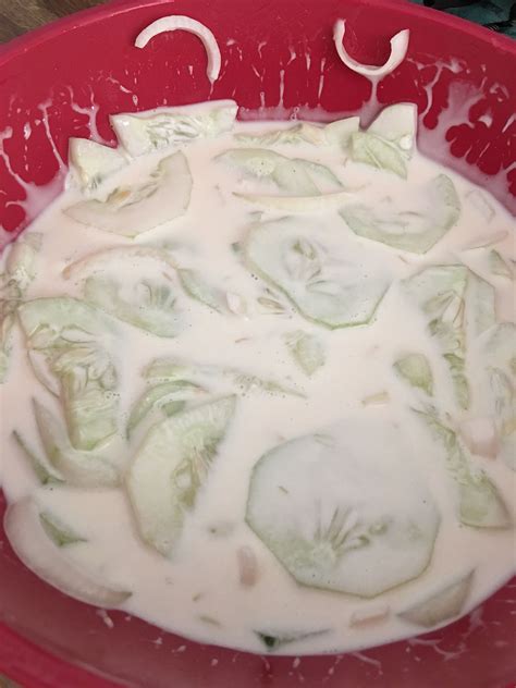 Cucumber Salad: 1 1/2 c mayo 1/2 c sugar 1 tbsp white vinegar Salt and ...
