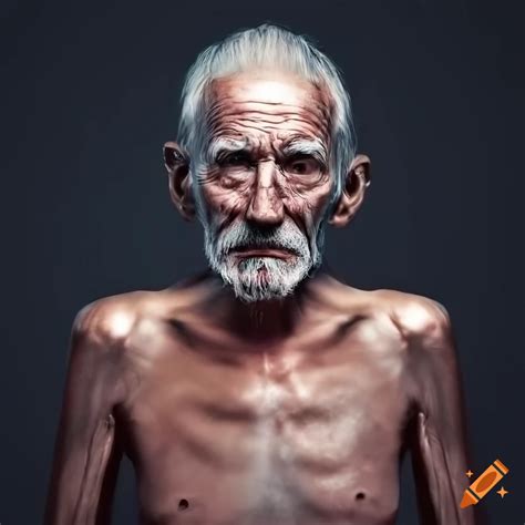 Photorealistic image of a skinny old man with platinum chrome skin on ...