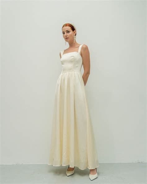 Francis Floor Length Square Neck Dress / Satin Wedding Dress With Wide Strap Details - Etsy ...