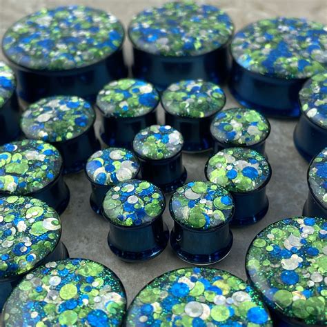 Embedded Blue and Green Party Time Glitter Double Flare Plugs