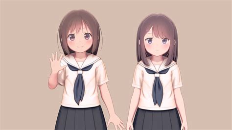 Safebooru - 2girls 3d arm up blue eyes blue skirt brown background ...