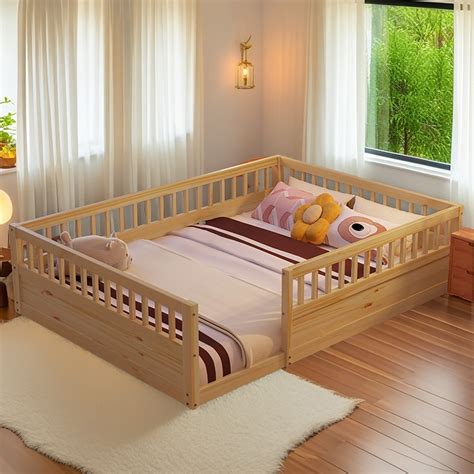 Gracie Oaks Floor Bed Frame With Fence, Wood Kids Floor Beds Frame For ...