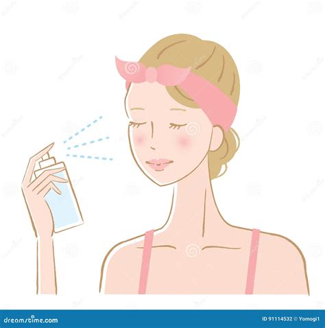 Woman Spraying Facial Mist on Her Face Stock Vector - Illustration of makeup, facial: 91114532