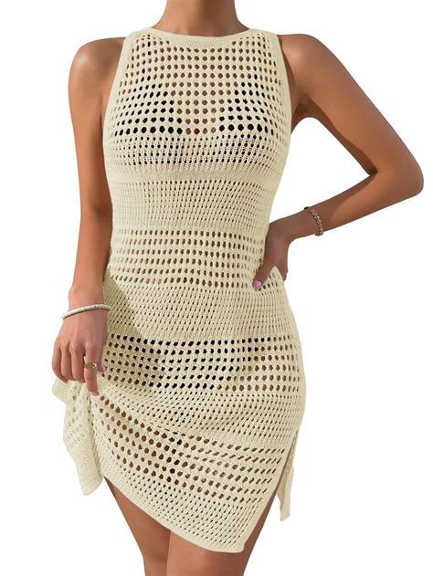 Micoson Womens Swimsuit Crochet Cover Up Sleeveless Summer Hollow Out ...