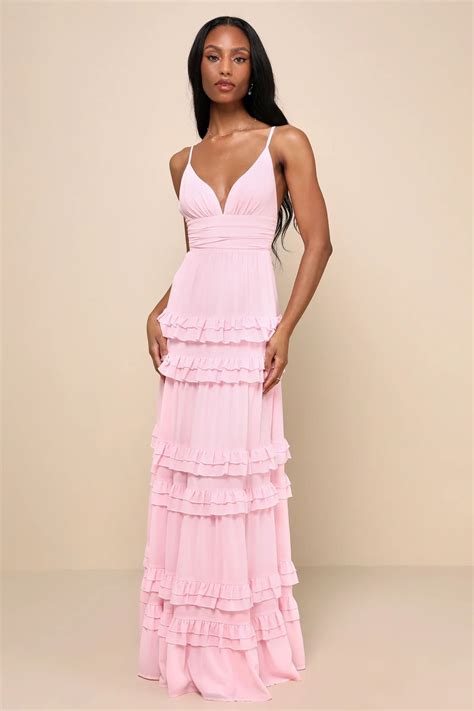 Lavish Perfection Light Pink Ruffled Tiered Maxi Dress | Light pink ...
