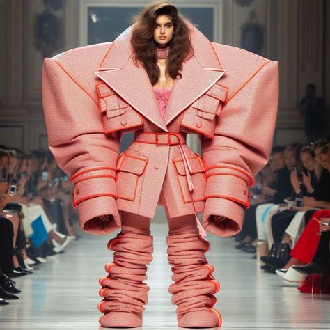 an exaggerated oversized 80s power suit on a petite model at a runway ...