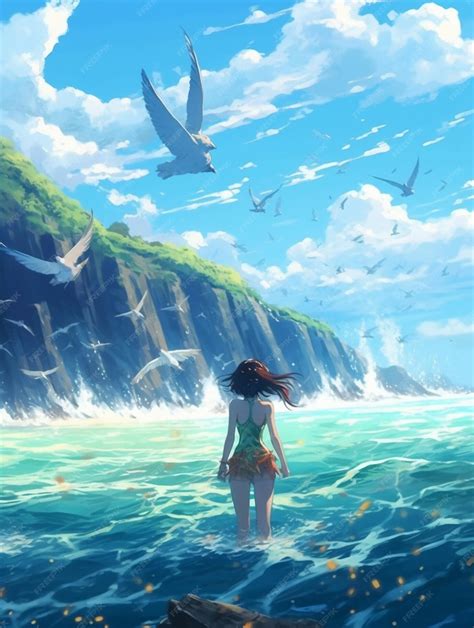 Premium Photo | Anime girl in a bikini standing in the ocean with birds ...