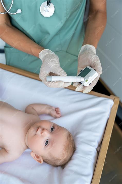 Premium Photo | Nurse using glucometer on newborn baby to check his ...