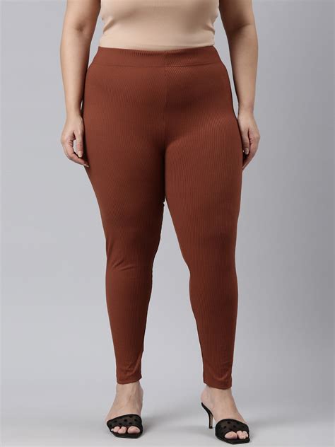 Women Solid Dark Brown Ribbed Leggings