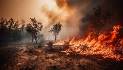Burning forest fire destroys natural environment, causing environmental damage generated by AI ...