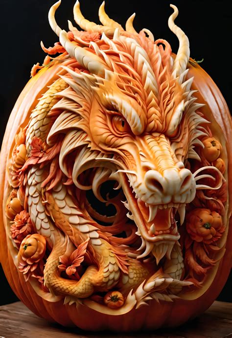 A close up of a carved pumpkin with a dragon on it - SeaArt AI