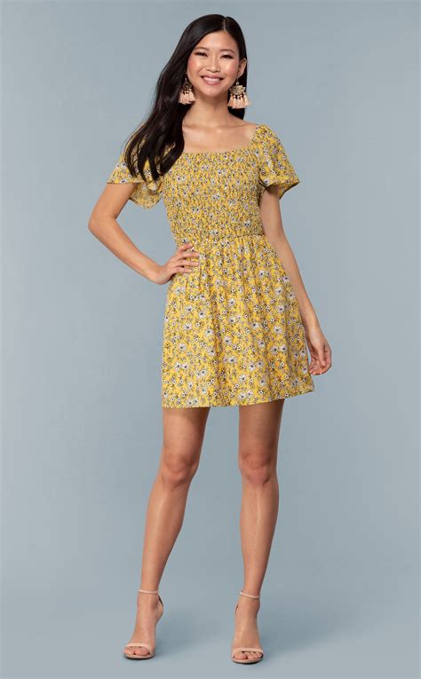 Short Casual Yellow Dress with Smocked Bodice | Spring outfits dresses ...