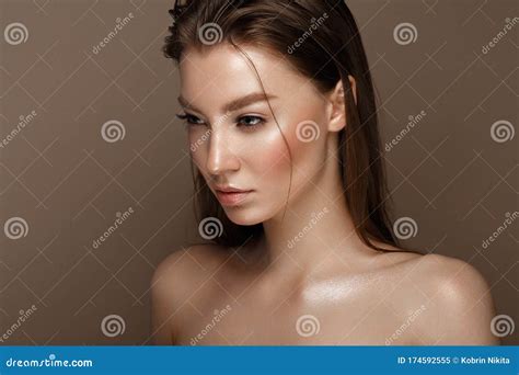 Beautiful Young Girl with Natural Nude Make-up. Beauty Face Stock Image - Image of event, fresh ...