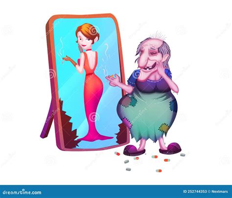 The Old Woman Saw Herself Was a Sex Young Lady in the Mirror after Taking the Pill. Stock ...