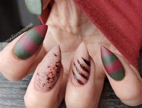 Halloween Nails: Freddy Kreuger | Halloween acrylic nails, Horror nails ...