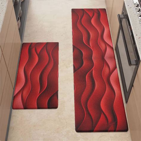 Anti Fatigue Kitchen Mat, Red Wave Sets of 2 Kitchen Rugs Non Slip ...