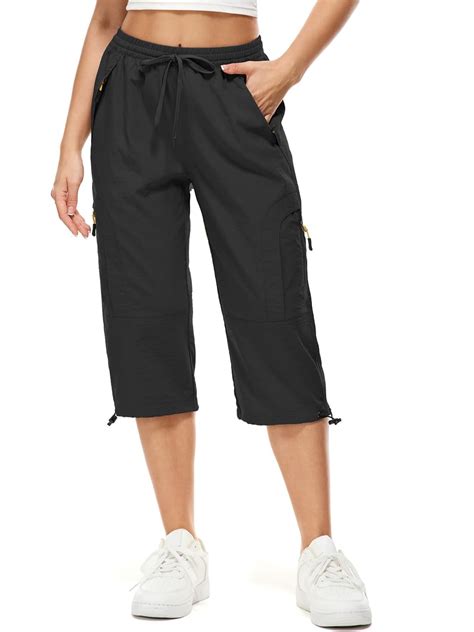 FEN AI Womens Black Cargo Capris Pants with 5 Zipper Pockets ...