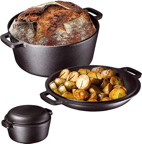 Heavy Duty Pre-Seasoned 2 In 1 Cast Iron Double Dutch Oven Set - Glutto ...