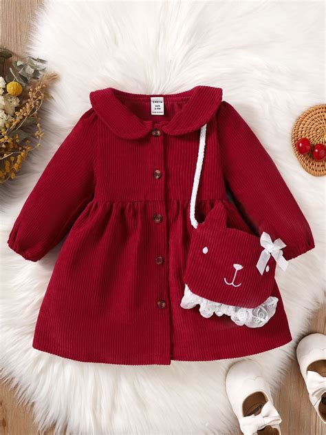Baby Peter-pan Collar Corduroy Dress With Bag | Baby girl winter, Baby ...