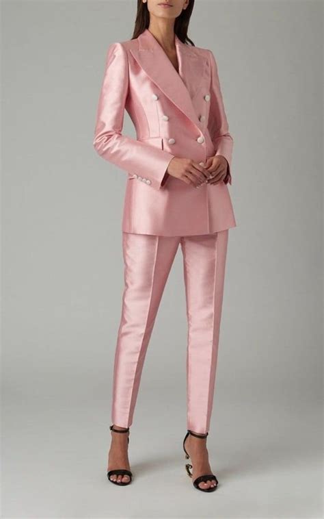 Women Custom Made 2 Piece Suit Designer Pink Satin Coat Pant Set Double ...