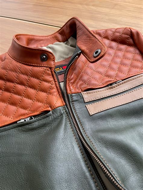 THE MASON Leather Jacket in Contrasted Amber & Green with Beige Stripe ...