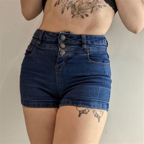 Blue denim high waisted shorts, size 8 but... - Depop