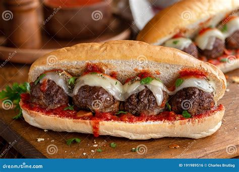 Meatball Sub Sandwich With Cheese And Marinara Tomato Sauce. American ...