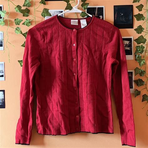 Liz Claiborne Women's Red and Black Cardigan | Depop